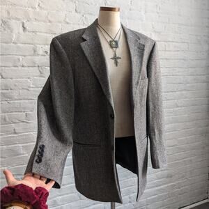 Vintage Wool Chevron Blazer Minimalist Preppy Jacket Chic Office Gray Coat Large